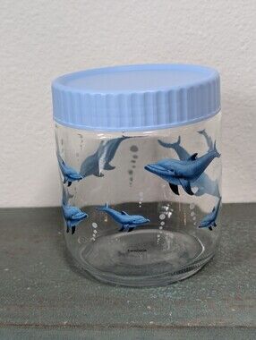 Windsor Blue Dolphins Clear Glass Screw On Lidded Storage Apothecary Candy Jar